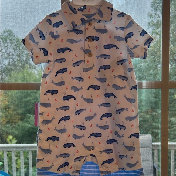 Little Me Blue Striped 2 Piece Romper Set- Whale Onsie Size 9 months - Picture 2 of 6